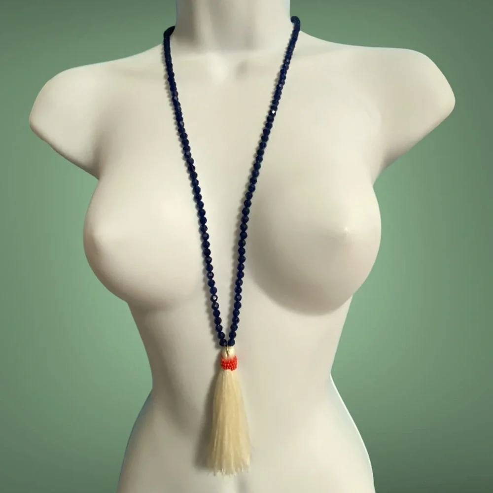 J.CREW Blue Acrylic Beads With White Tassel Pendant